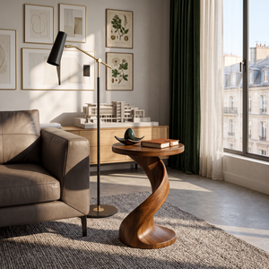 Modern Solid Wood Side Table with Twisted Pedestal Base for Living Room Seating