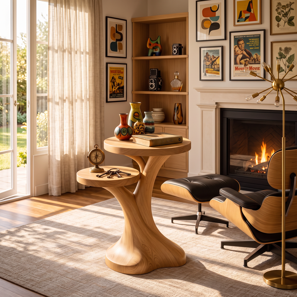 Solid Wood Two Tier Side Table Modern Sculpted Accent Piece