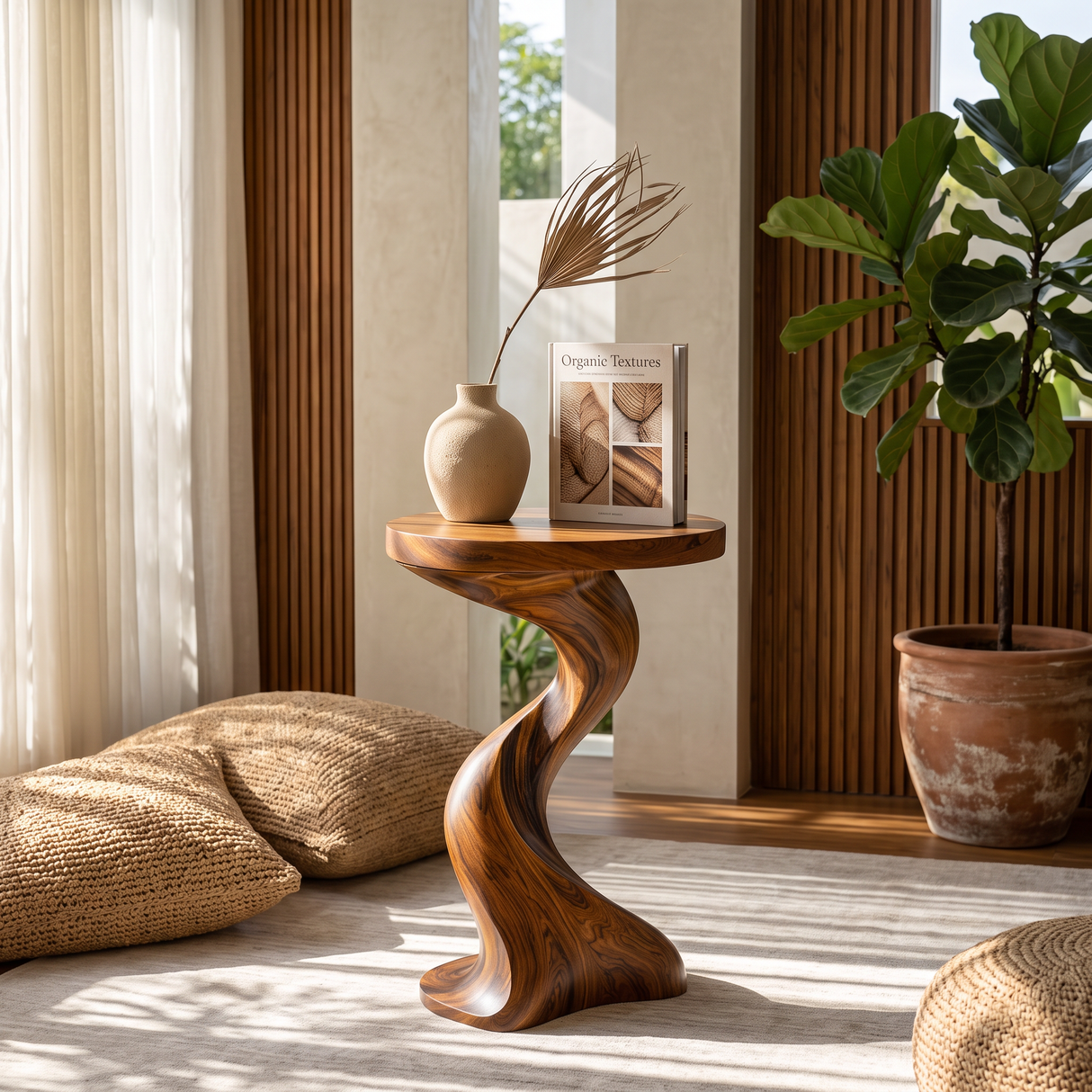 Solid Wood Twisted Side Table Modern Sculpted Accent Piece