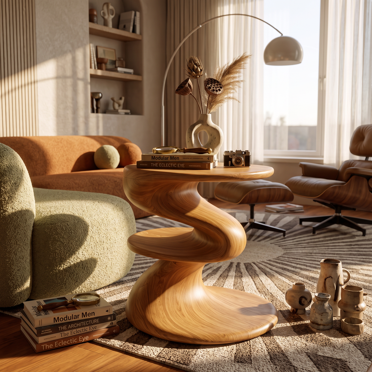 Solid Wood Spiral Two Tier Accent Table for Modern Living Room