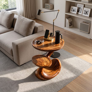 Sculptural Two-Tier Solid Wood Side Table for Living Room