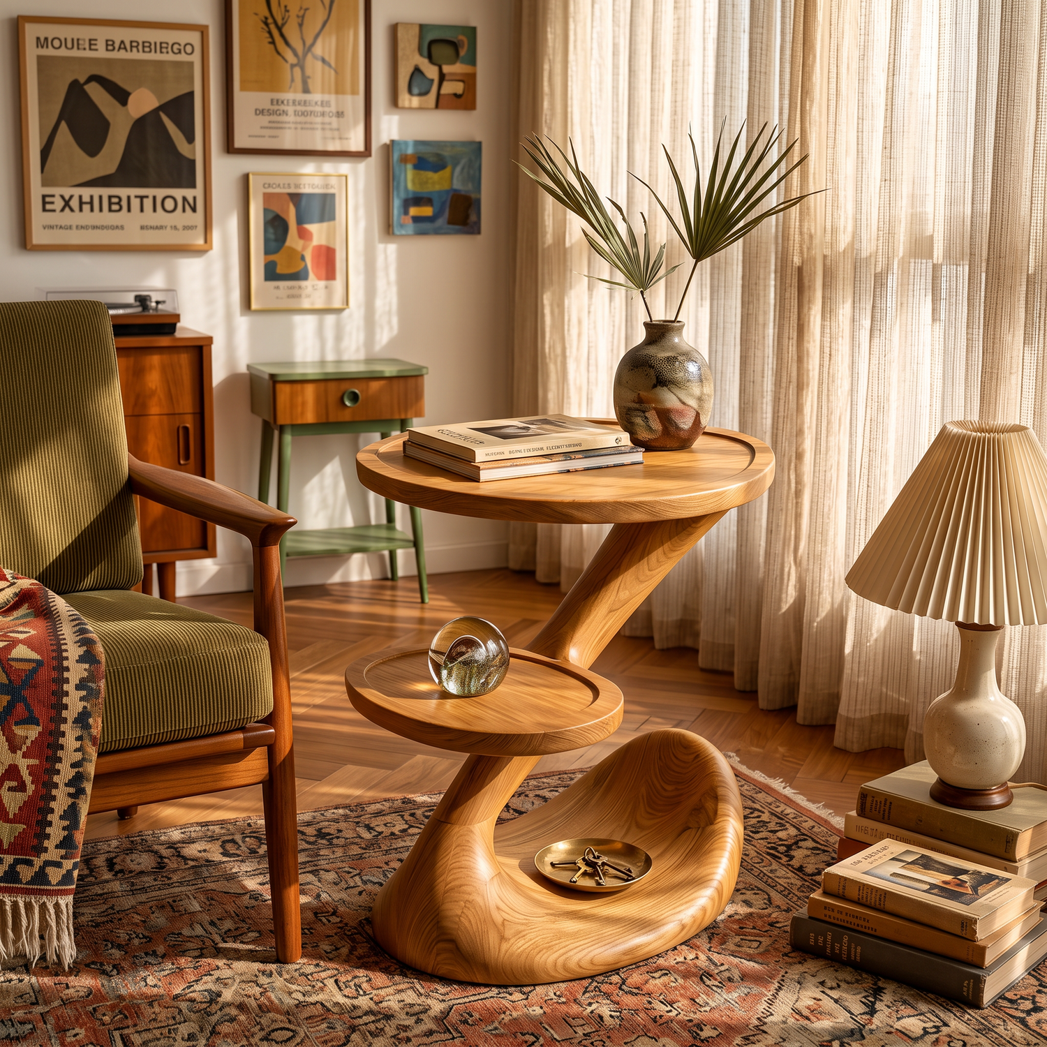 Sculptural Two-Tier Solid Wood Side Table for Living Room