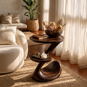 Sculptural Two-Tier Solid Wood Side Table for Living Room