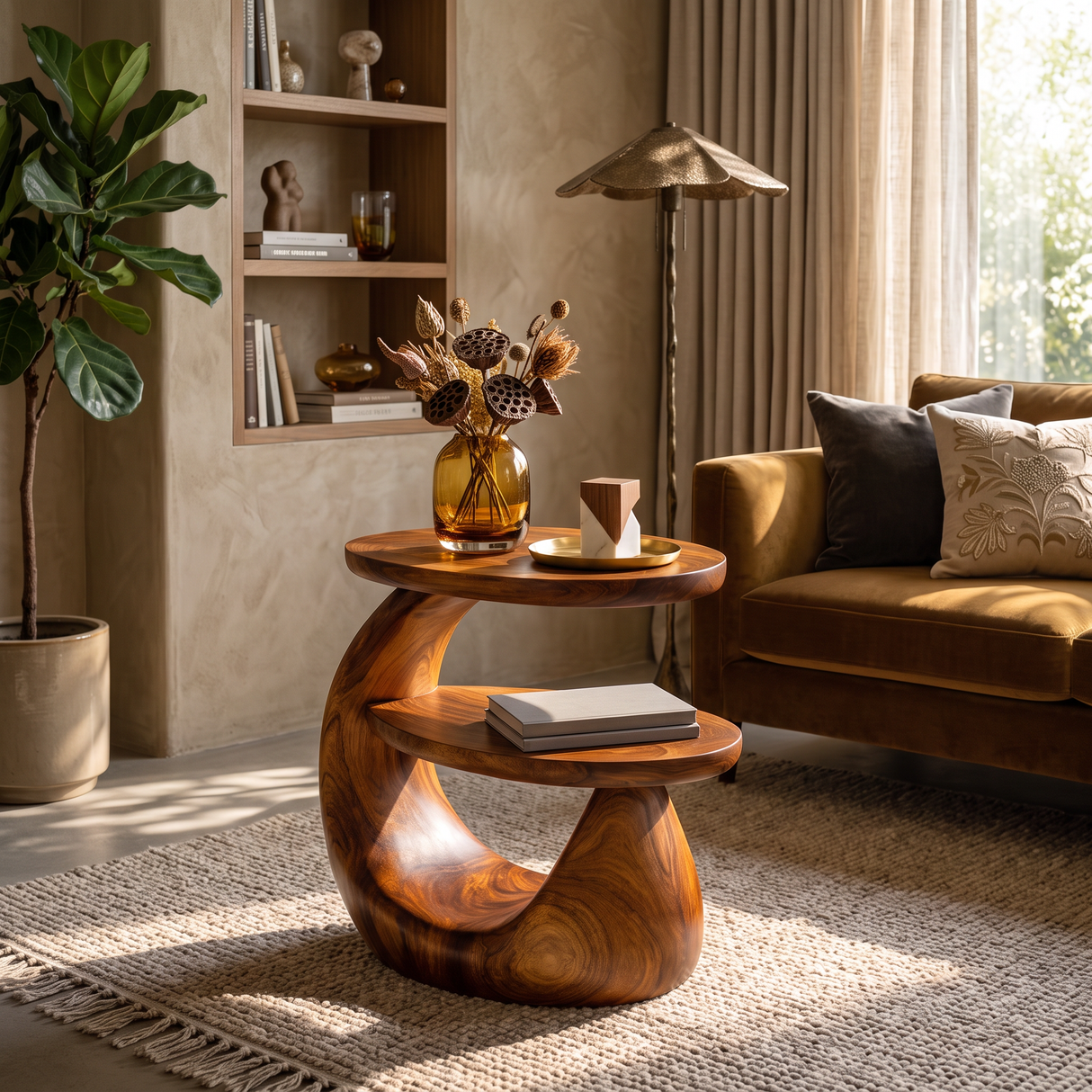 Side Table Solid Wood Two Tier Sculptural Design for Living Room