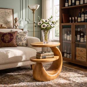 Side Table Solid Wood Two Tier Sculptural Design for Living Room