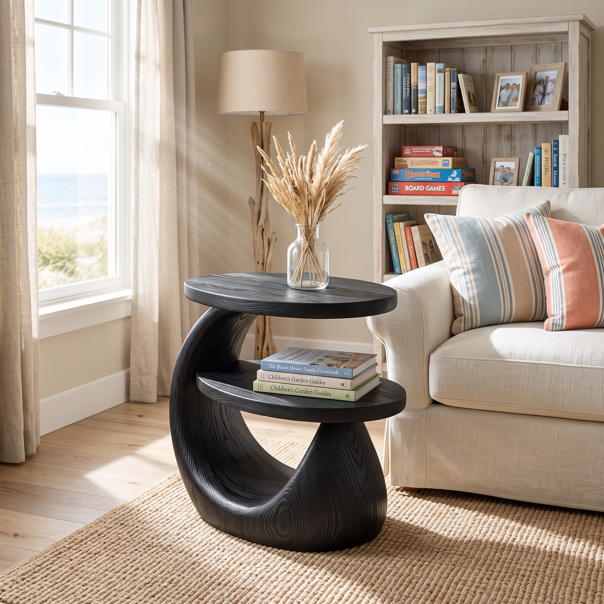 Side Table Solid Wood Two Tier Sculptural Design for Living Room