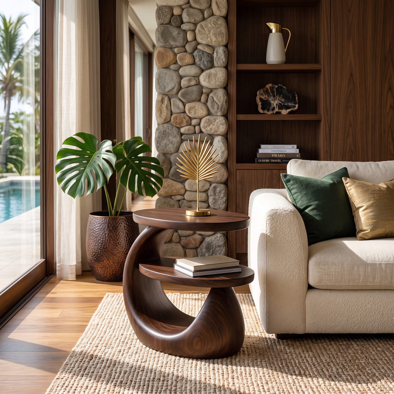 Side Table Solid Wood Two Tier Sculptural Design for Living Room