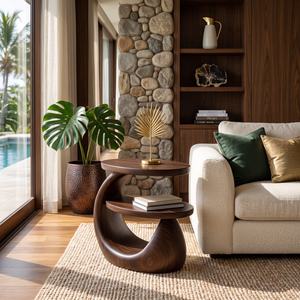 Side Table Solid Wood Two Tier Sculptural Design for Living Room