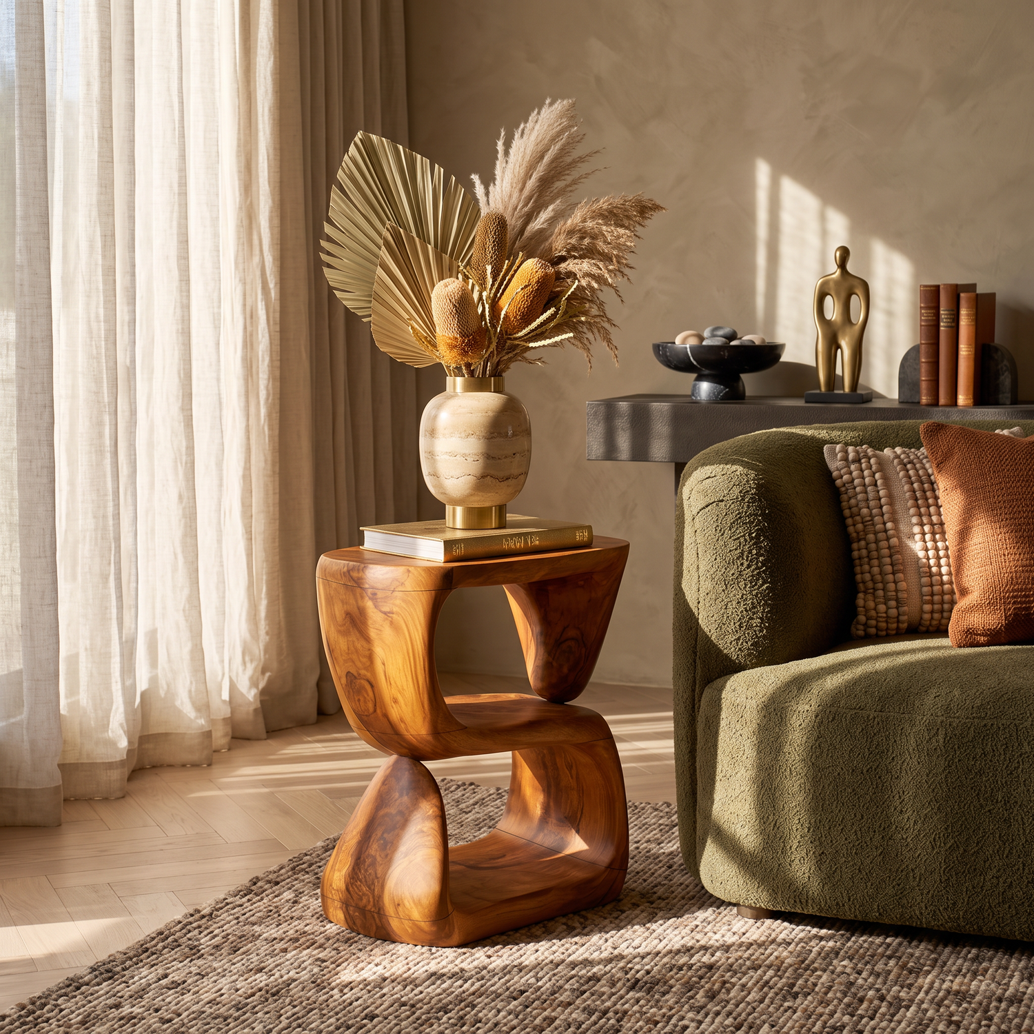S-Form Sculpted Solid Wood Accent Side Table for Living Room Decor