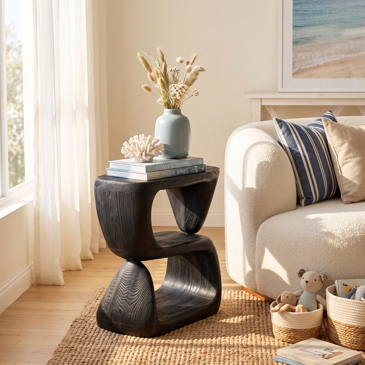 S-Form Sculpted Solid Wood Accent Side Table for Living Room Decor