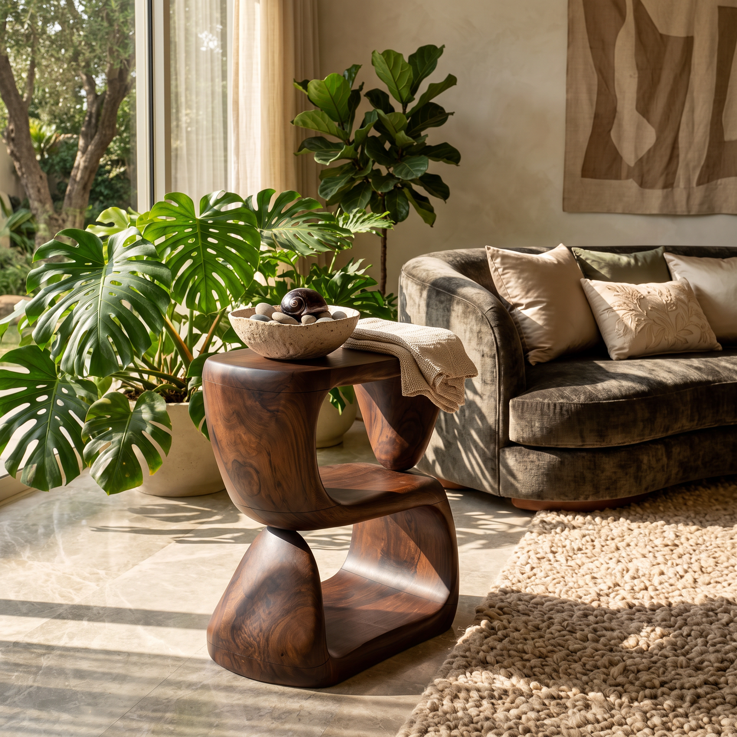S-Form Sculpted Solid Wood Accent Side Table for Living Room Decor