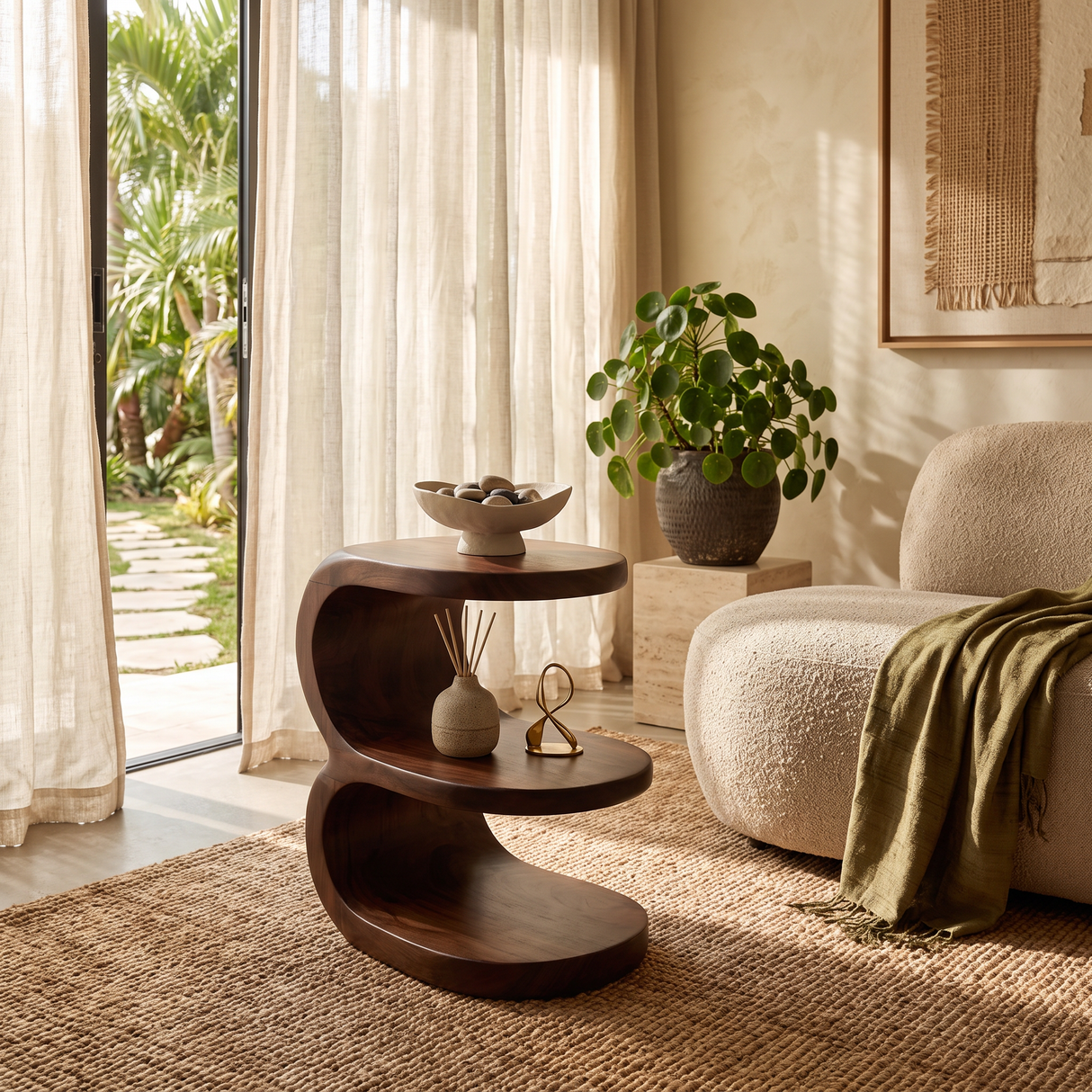Organic Two Tier Solid Wood Side Table for Sofa or Reading Nook