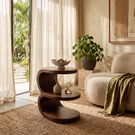 Organic Two Tier Solid Wood Side Table for Sofa or Reading Nook