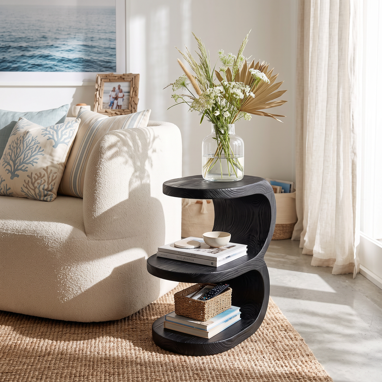Organic Two Tier Solid Wood Side Table for Sofa or Reading Nook