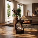 Modern Sculptural Solid Wood Side Table with Curved Base