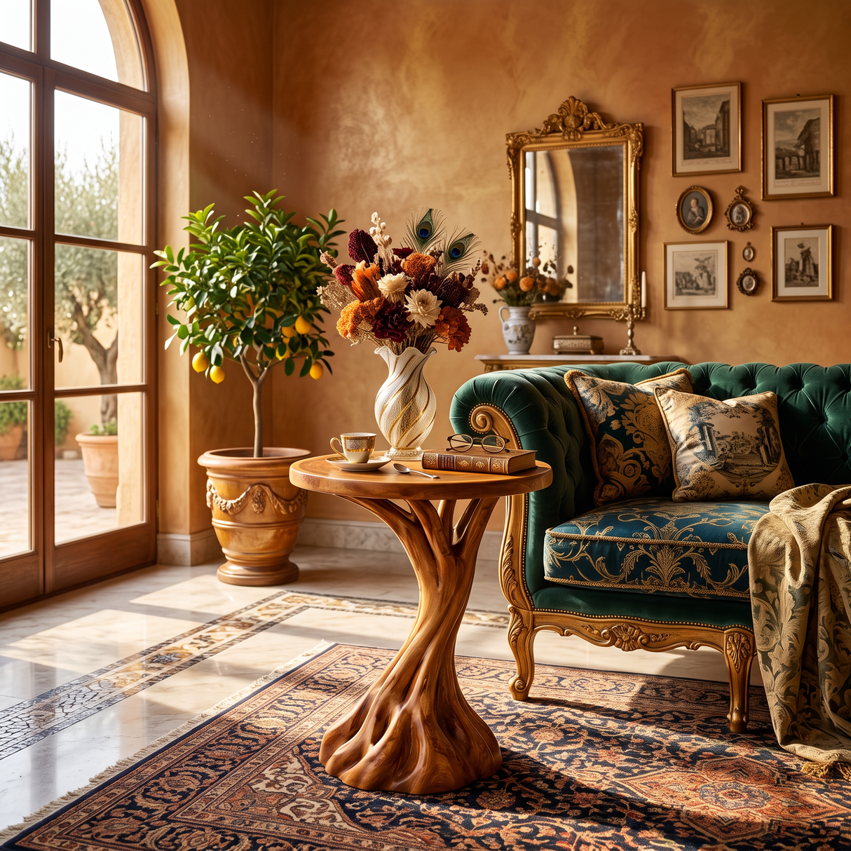 Organic Pedestal Solid Wood Side Table with Round Top for Living Room Decor