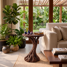 Organic Pedestal Solid Wood Side Table with Round Top for Living Room Decor