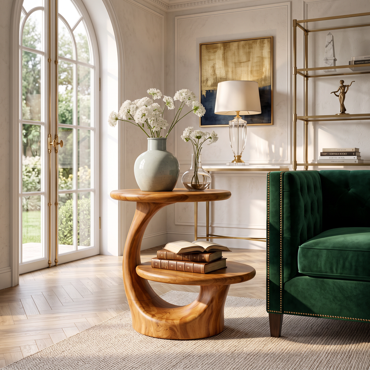 Two Tier Round Solid Wood Side Table for Living Room Decor