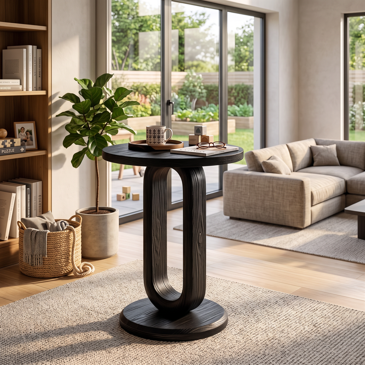 Oval Loop Solid Wood Side Table Round Top Pedestal for Living Room Decor