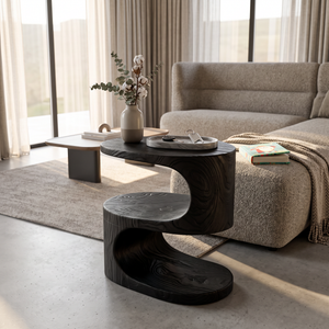 Curved Solid Wood Side Table Two Tier Organic Design for Living Room