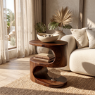 Curved Solid Wood Side Table Two Tier Organic Design for Living Room