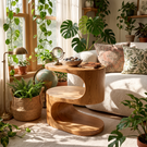 Curved Solid Wood Side Table Two Tier Organic Design for Living Room
