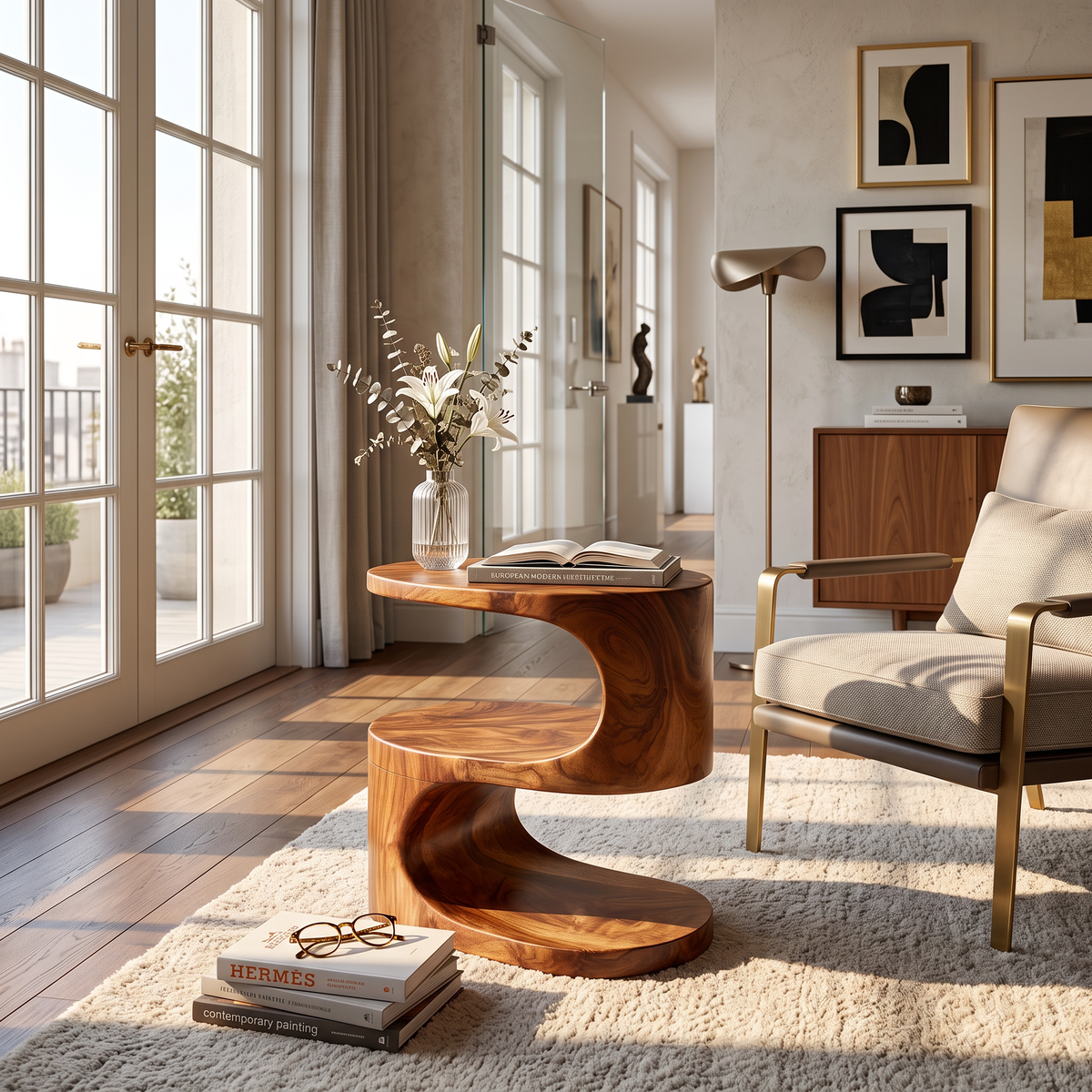 Curved Solid Wood Side Table Two Tier Organic Design for Living Room