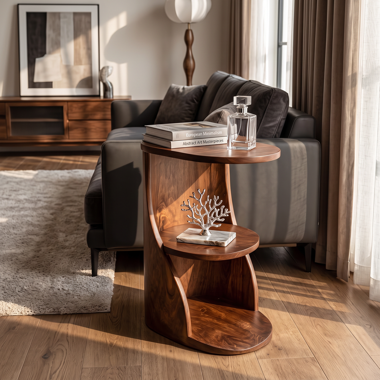 Curved Two Tier Solid Wood Side Table with Open Storage Shelf for Living Room Use