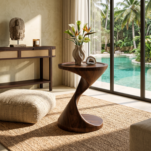 Spiral Pedestal Solid Wood Side Table with Tray Top for Living Room Decor
