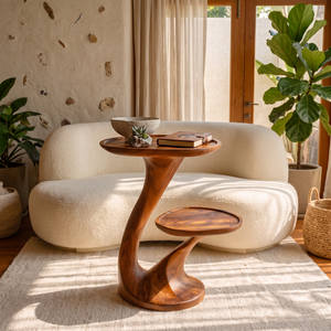 Sculptural Two-Tier Solid Wood Side Table for Living Room and Reading Corner Decor