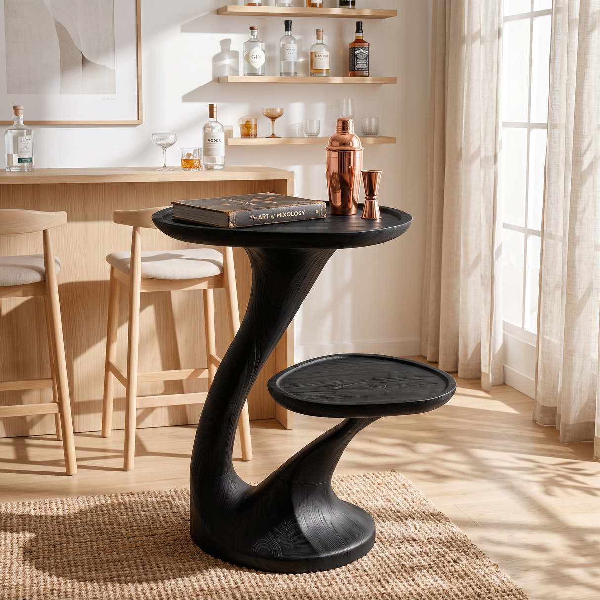 Sculptural Two-Tier Solid Wood Side Table for Living Room and Reading Corner Decor
