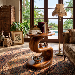 Curved Solid Wood Side Table Organic Two Level Accent Piece