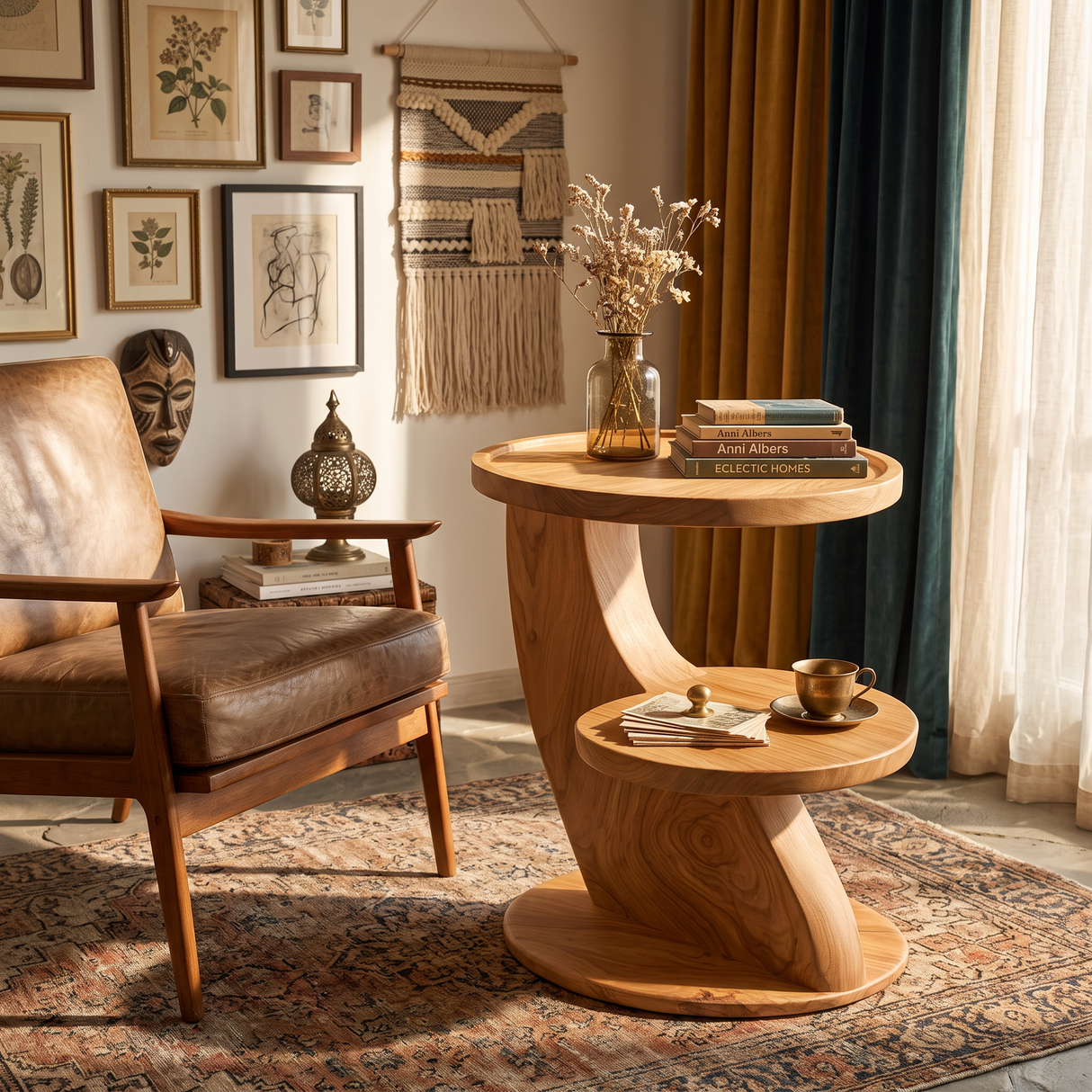 Two Tier Solid Wood Side Table for Living Room and Bedroom Use