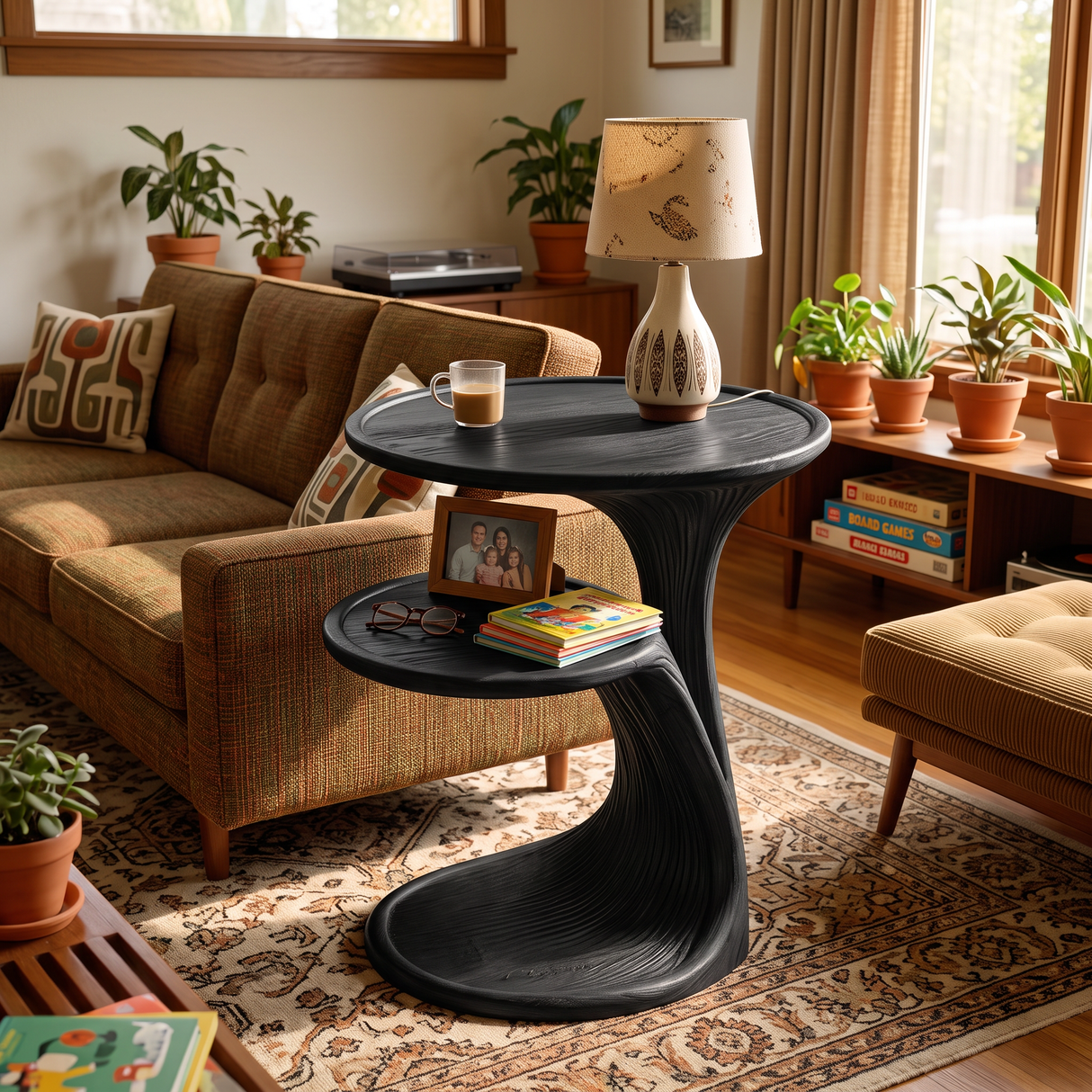 Sculptural Two Tier Solid Wood Side Table for Living Room Use