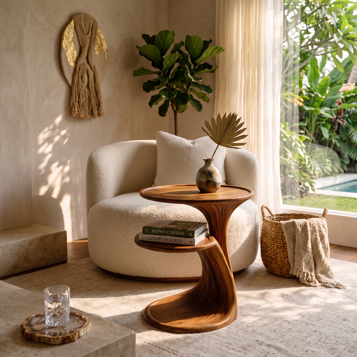 Sculptural Two Tier Solid Wood Side Table for Living Room Use