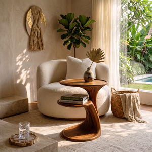 Sculptural Two Tier Solid Wood Side Table for Living Room Use