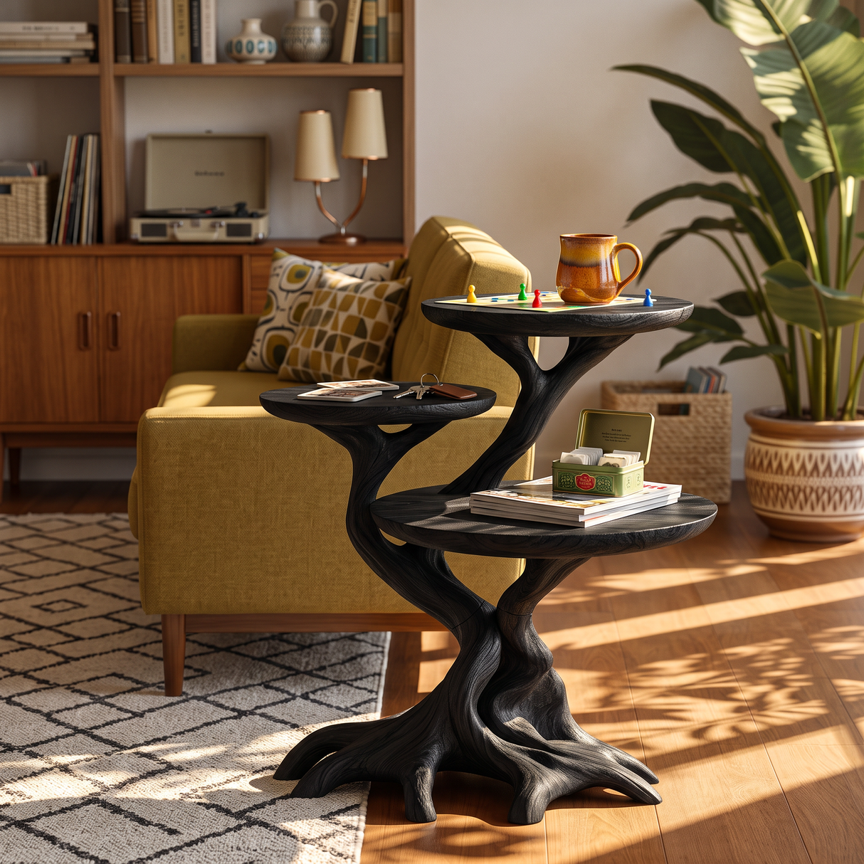 Root Form Three Level Wood Accent Table with Sculptural Branch Base