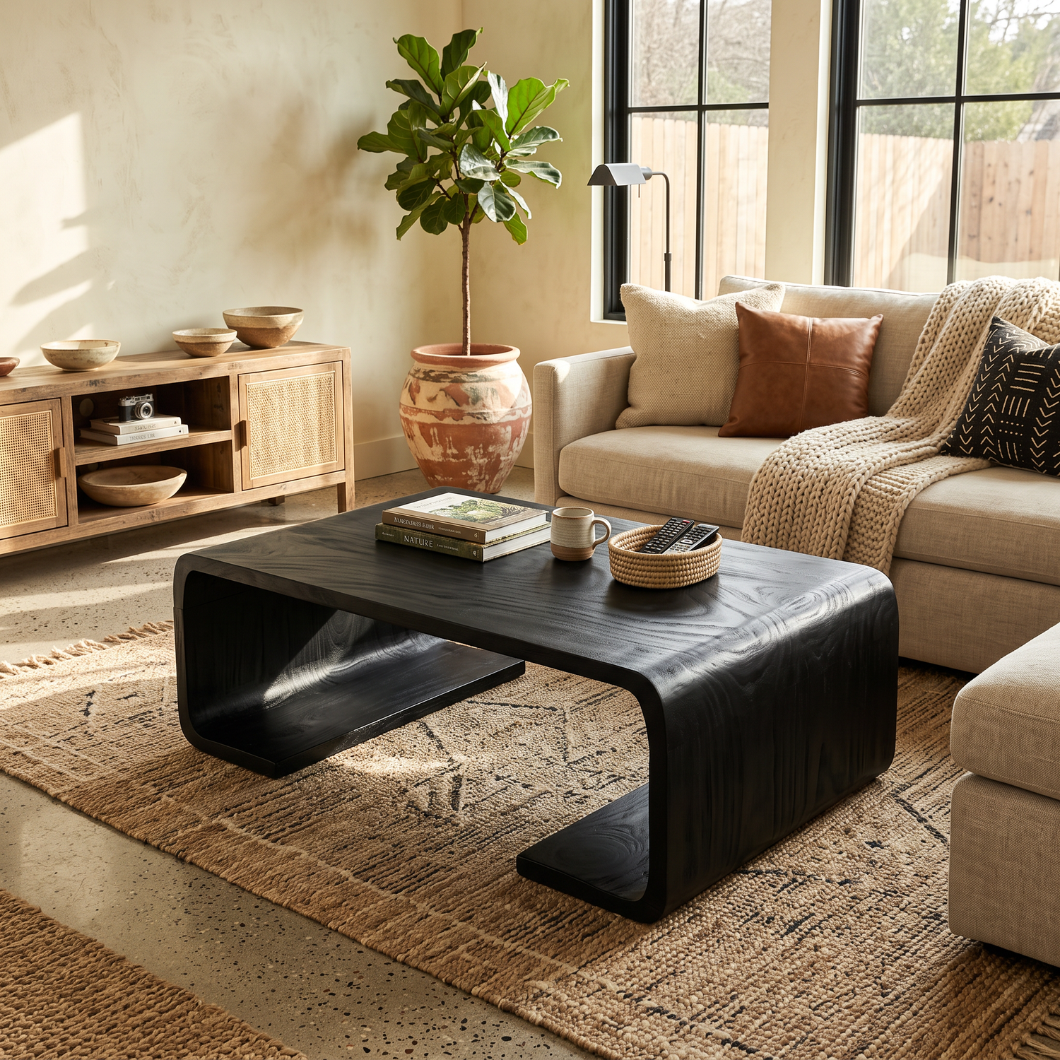 Solid Wood Coffee Table with Waterfall Form and Open Shelf