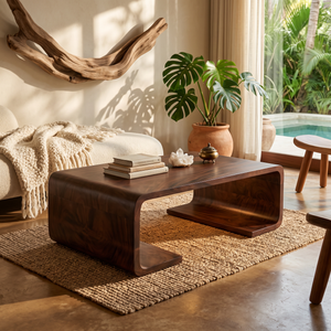 Solid Wood Coffee Table with Waterfall Form and Open Shelf