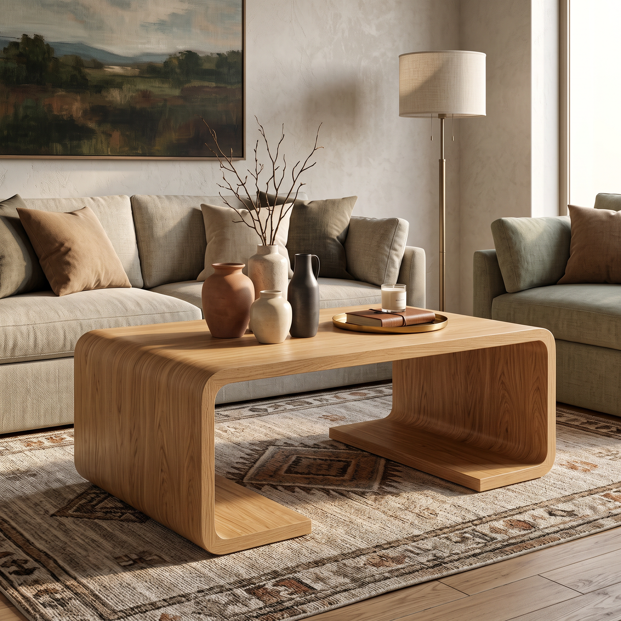 Solid Wood Coffee Table with Waterfall Form and Open Shelf