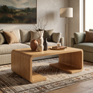 Solid Wood Coffee Table with Waterfall Form and Open Shelf