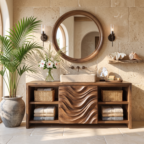 Bathroom Vanity Solid Wood with Wave Carved Panel and Open Shelf