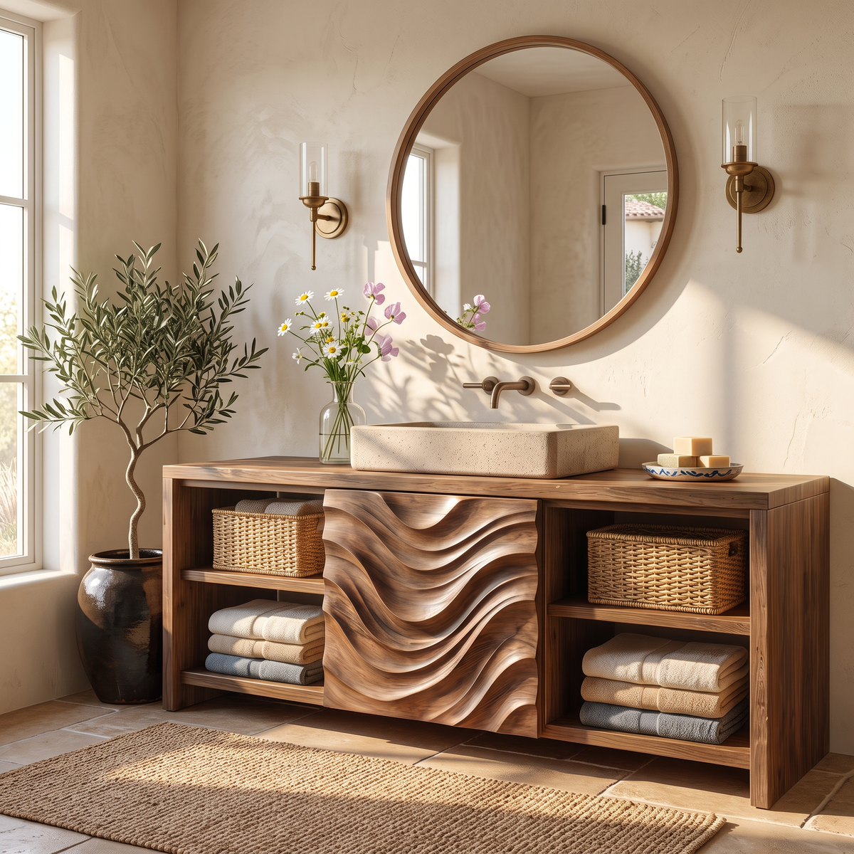 Bathroom Vanity Solid Wood with Wave Carved Panel and Open Shelf