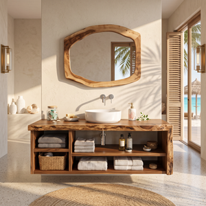 Solid Wood Bathroom Vanity with Open Storage and Vessel Sink