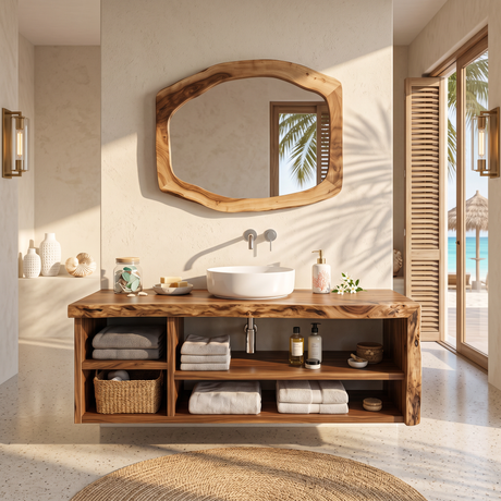 Solid Wood Bathroom Vanity with Open Storage and Vessel Sink