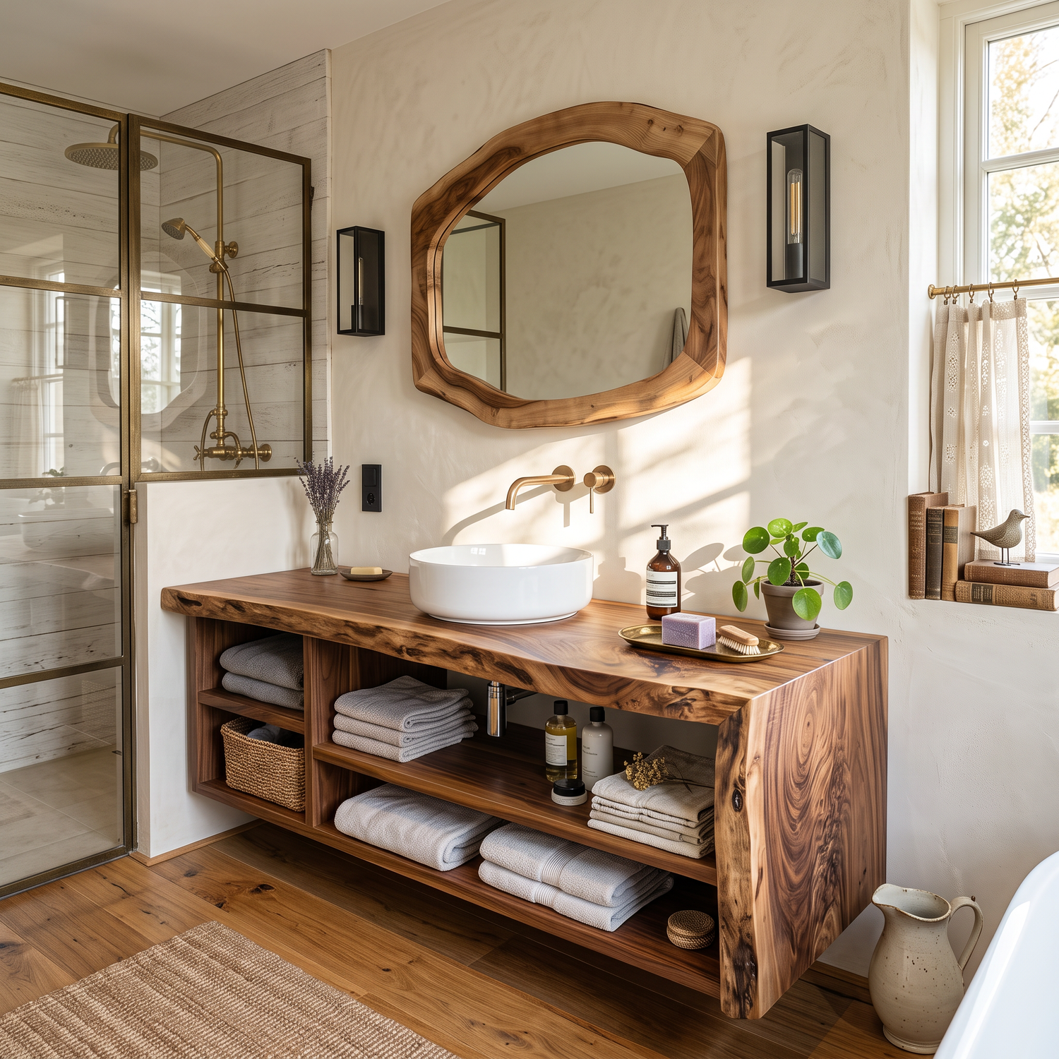 Solid Wood Bathroom Vanity with Open Storage and Vessel Sink