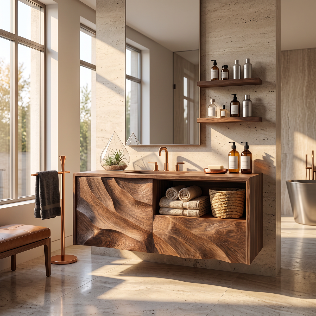 Floating Bathroom Vanity Solid Wood with Layered Organic Relief