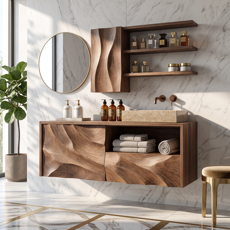 Floating Bathroom Vanity Solid Wood with Layered Organic Relief