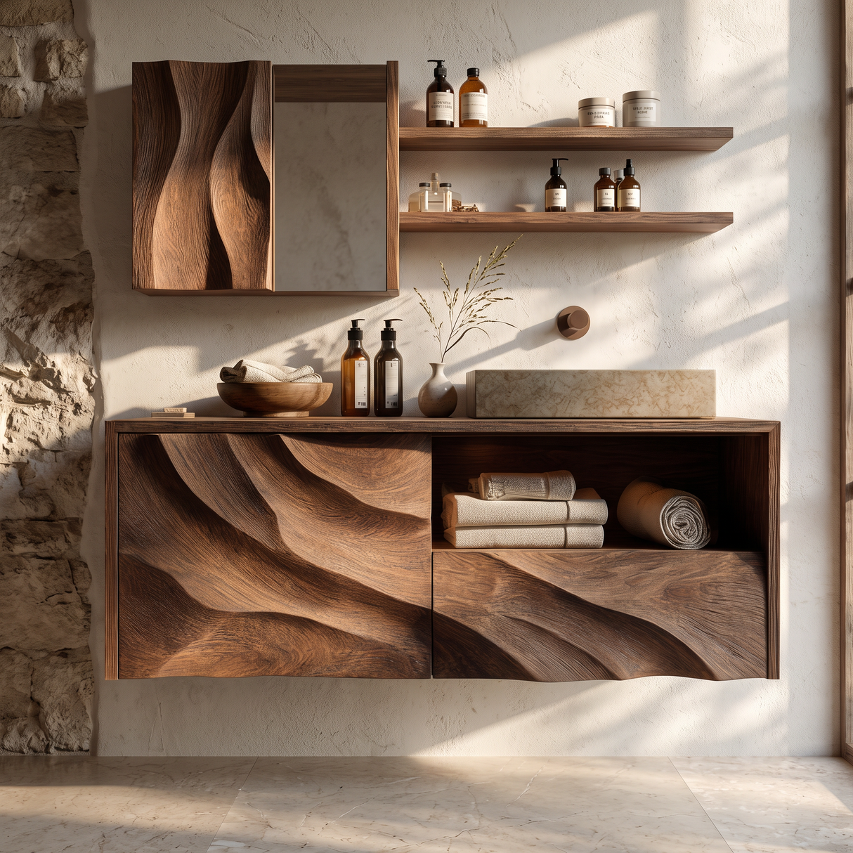 Floating Bathroom Vanity Solid Wood with Layered Organic Relief