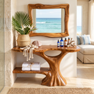 Bathroom Vanity Solid Wood with Organic Trunk Pedestal and Side Shelf